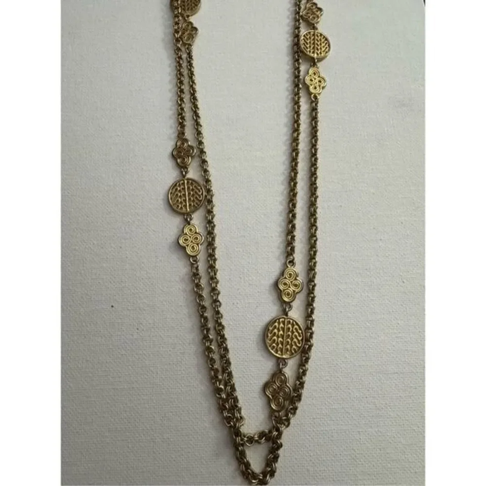 Vintage 90s Womens Gold Tone Long Fillagree Decal Chain Lariat Rope Necklace Y2K